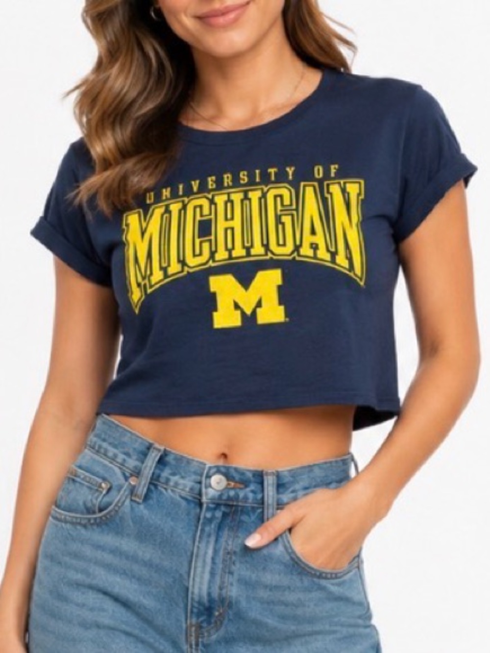 University of Michigan Navy & Yellow Cropped Tee Collegian Graphic T-shirt SZ  L
